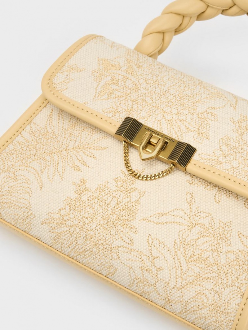 τσάντεσ tote Charles And Keith Floral Illustrated Trapeze Μπεζ | 37619-HYLJ