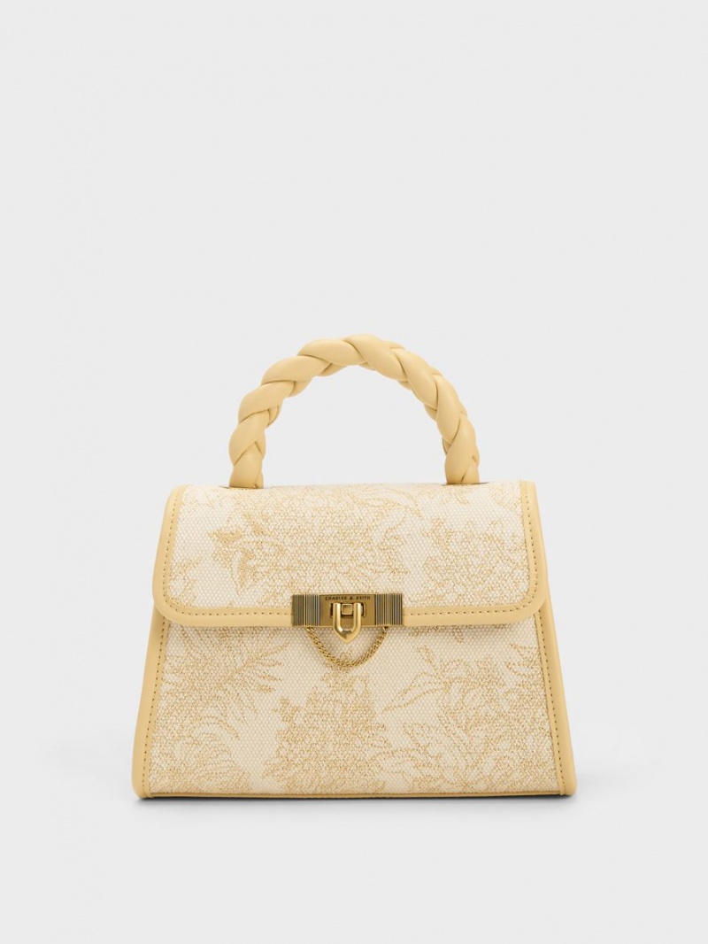 τσάντεσ tote Charles And Keith Floral Illustrated Trapeze Μπεζ | 37619-HYLJ