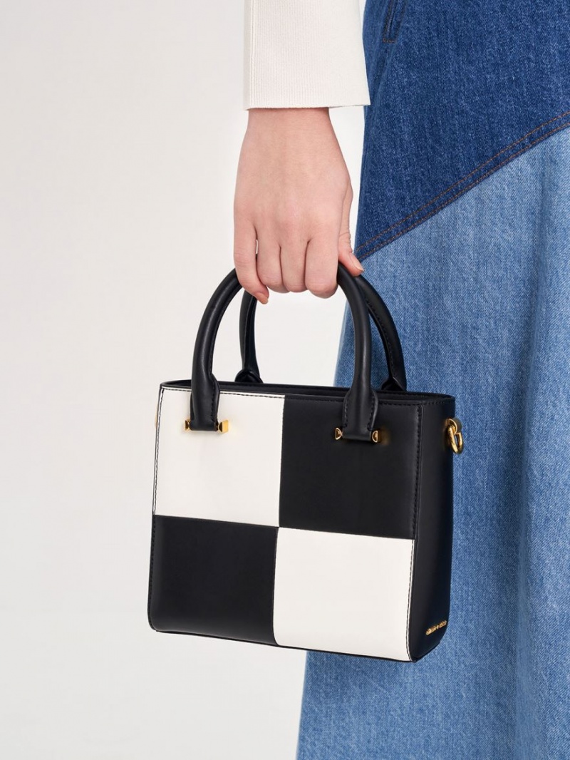 τσάντεσ tote Charles And Keith Georgette Checkered Square μαυρα ασπρα | 49538-ZJOP