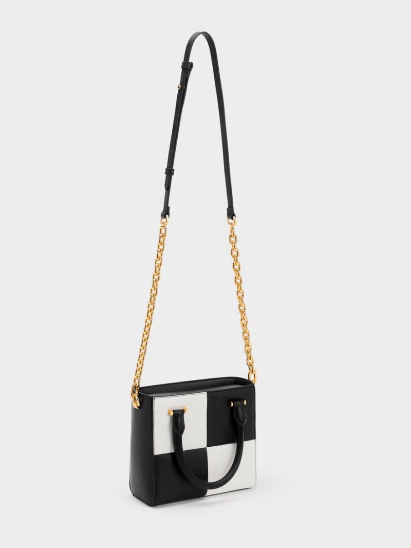 τσάντεσ tote Charles And Keith Georgette Checkered Square μαυρα ασπρα | 49538-ZJOP