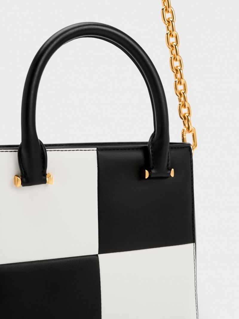 τσάντεσ tote Charles And Keith Georgette Checkered Square μαυρα ασπρα | 49538-ZJOP