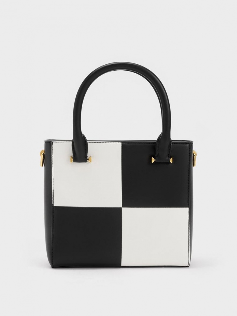 τσάντεσ tote Charles And Keith Georgette Checkered Square μαυρα ασπρα | 49538-ZJOP