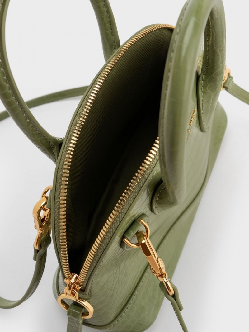 τσάντεσ tote Charles And Keith Harmonee Croc-Embossed Bowling Ελιά | 75183-ZJLG