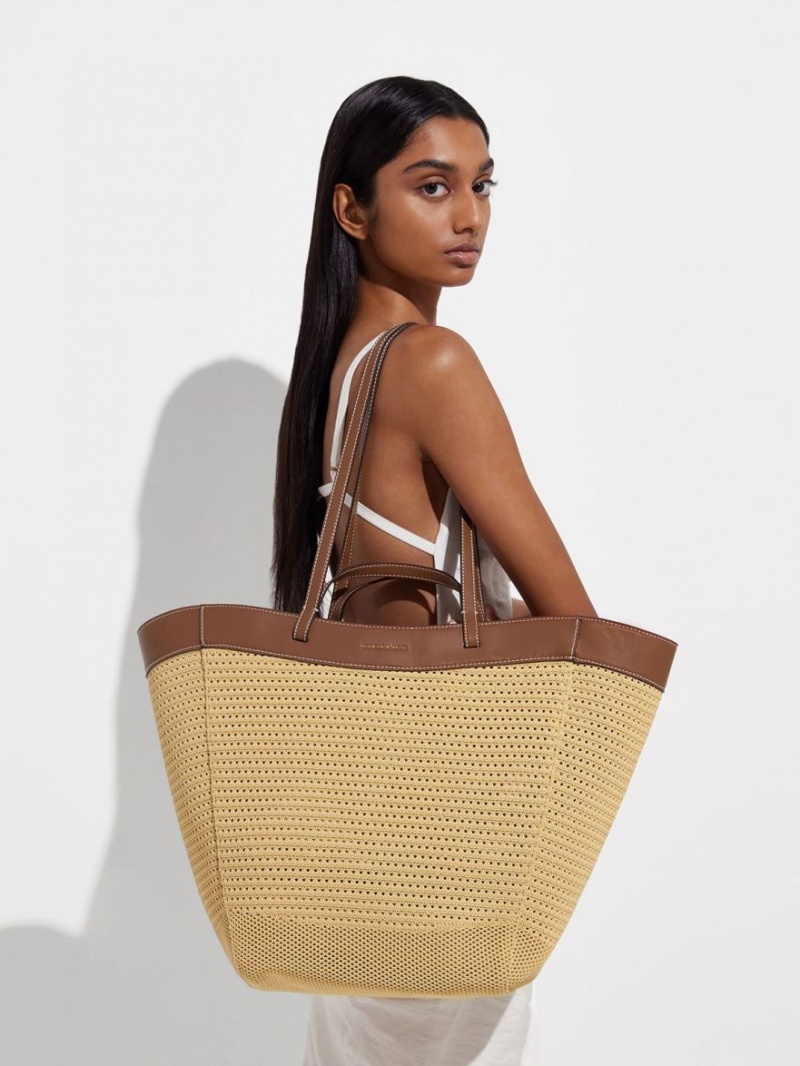τσάντεσ tote Charles And Keith Ida Πλεκτά Sculptural Μπεζ | 81640-ZMBI