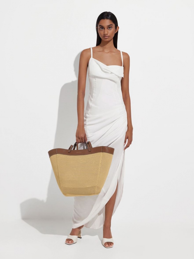 τσάντεσ tote Charles And Keith Ida Πλεκτά Sculptural Μπεζ | 81640-ZMBI