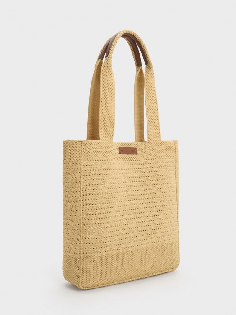 τσάντεσ tote Charles And Keith Ida Πλεκτά Μπεζ | 19675-PDOY