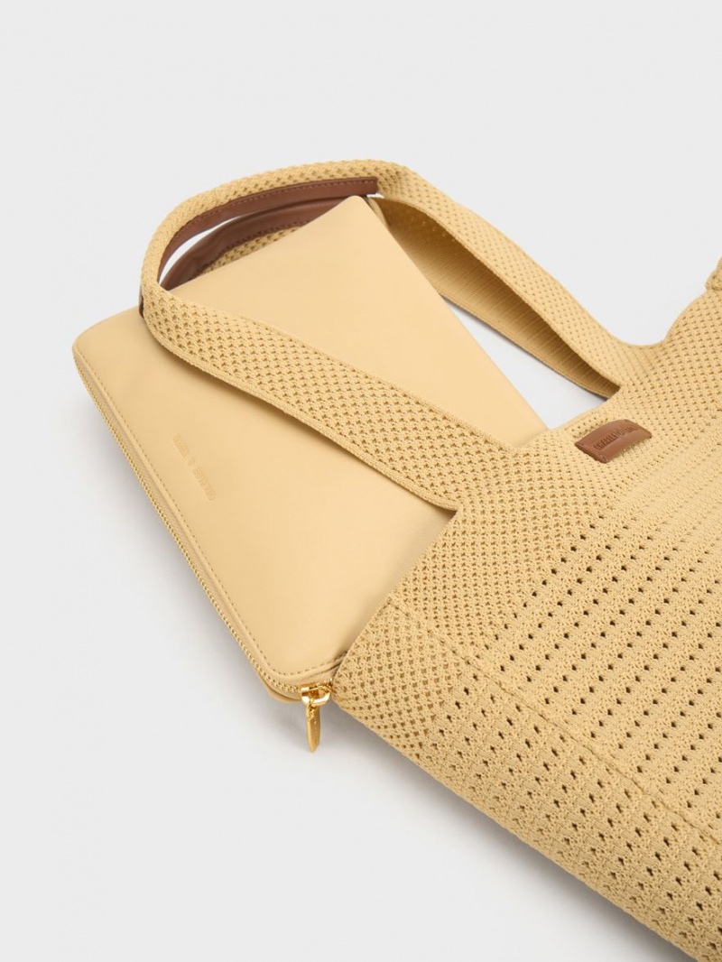 τσάντεσ tote Charles And Keith Ida Πλεκτά Μπεζ | 19675-PDOY