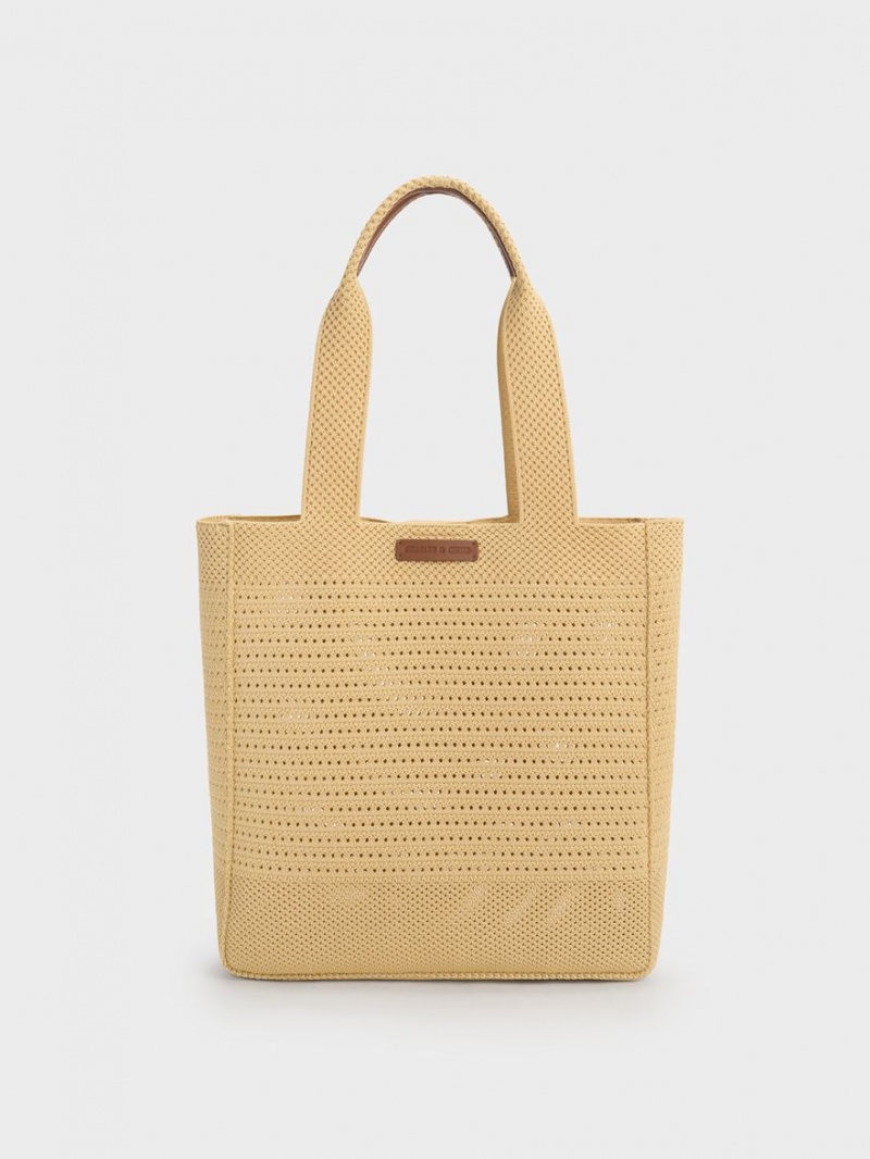 τσάντεσ tote Charles And Keith Ida Πλεκτά Μπεζ | 19675-PDOY