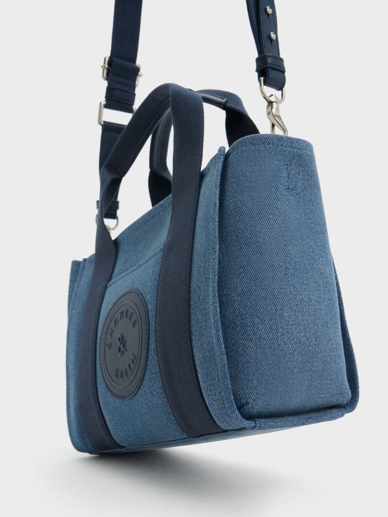 τσάντεσ tote Charles And Keith Kay Denim Contrast-Trim μπλε | 26593-SIMJ