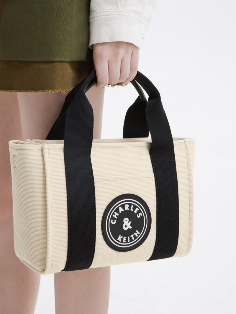 τσάντεσ tote Charles And Keith Kay καμβα Contrast-Trim Μπεζ | 06794-SOQP
