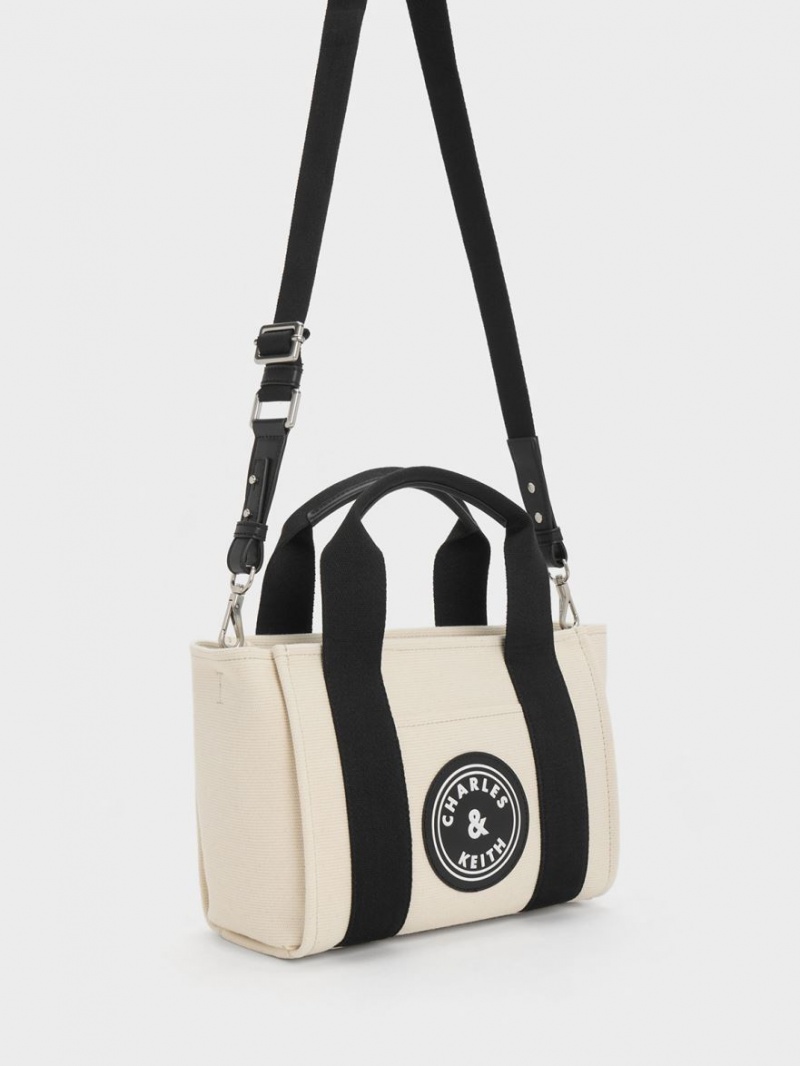 τσάντεσ tote Charles And Keith Kay καμβα Contrast-Trim Μπεζ | 06794-SOQP