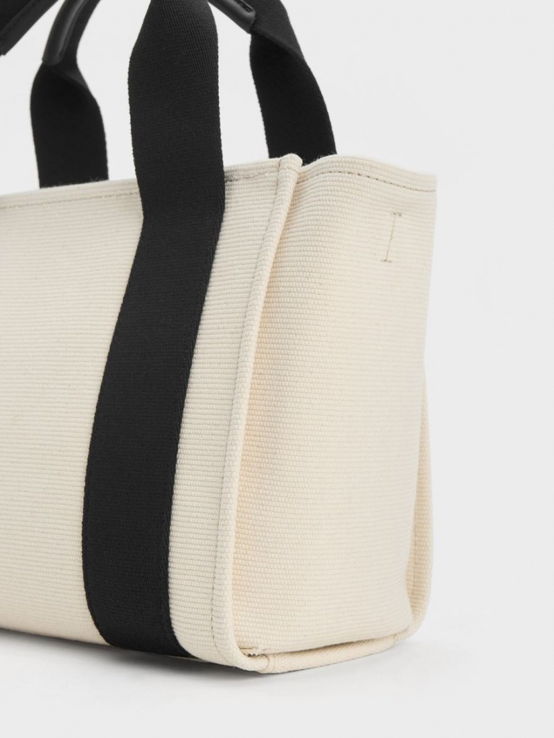 τσάντεσ tote Charles And Keith Kay καμβα Contrast-Trim Μπεζ | 06794-SOQP