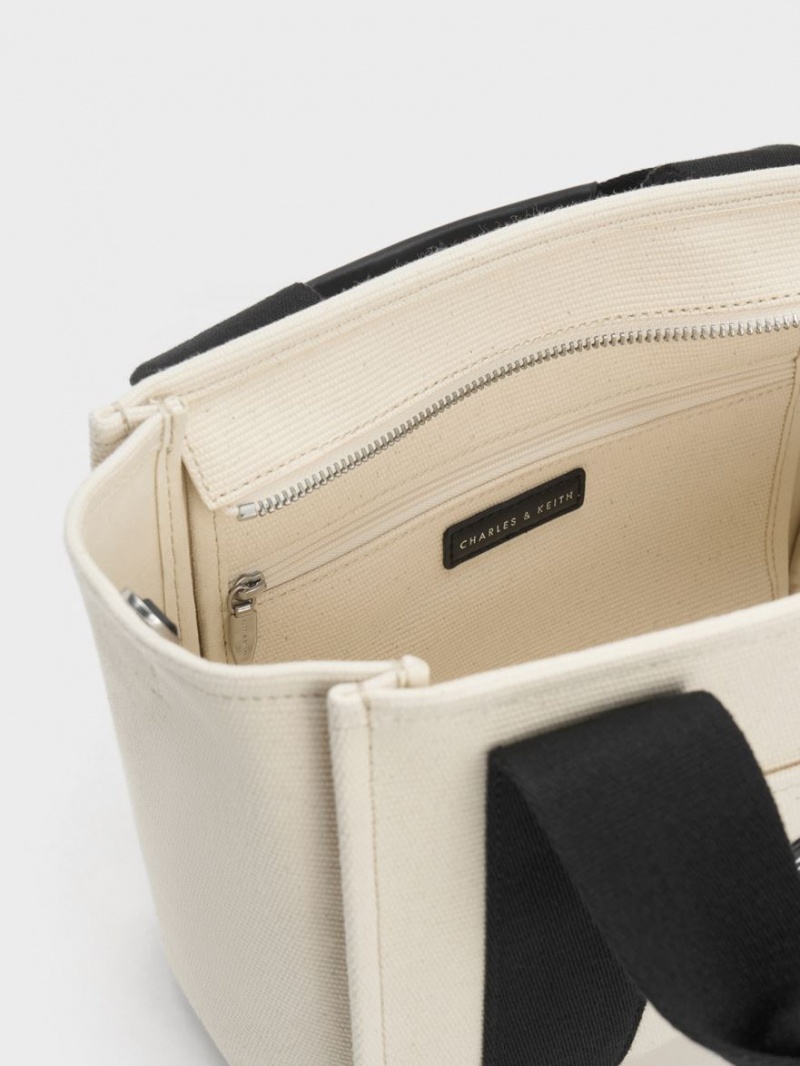 τσάντεσ tote Charles And Keith Kay καμβα Contrast-Trim Μπεζ | 06794-SOQP