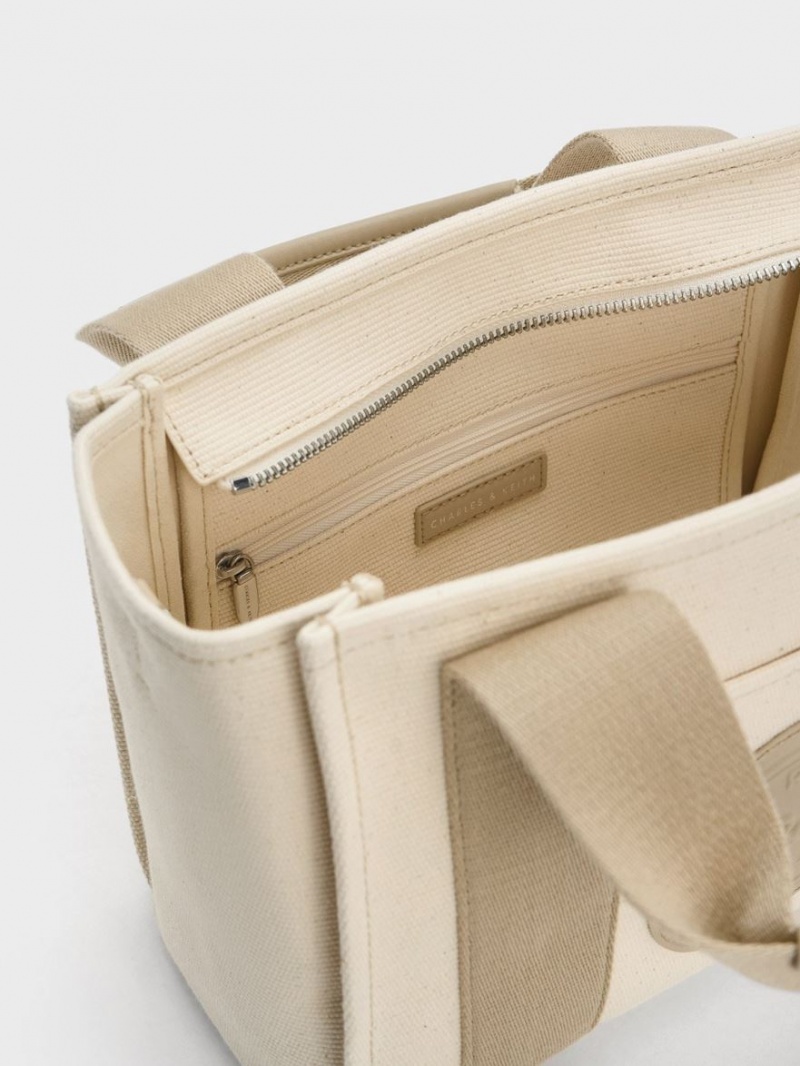 τσάντεσ tote Charles And Keith Kay καμβα Contrast-Trim Μπεζ | 38642-BALT