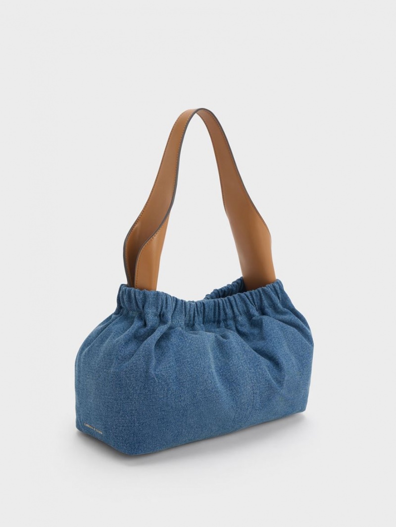 τσάντεσ tote Charles And Keith Large Ally Denim Ruched Slouchy μπλε | 90537-SRLB