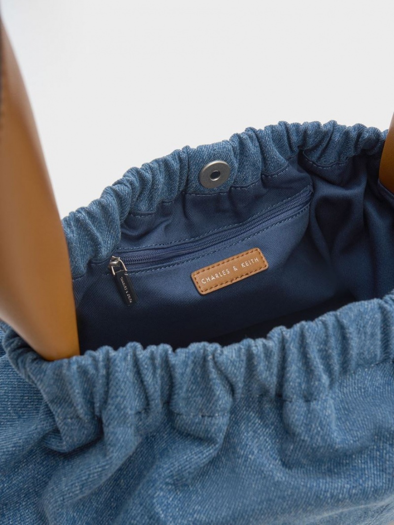 τσάντεσ tote Charles And Keith Large Ally Denim Ruched Slouchy μπλε | 90537-SRLB
