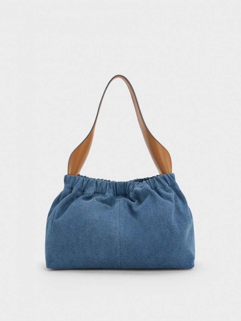 τσάντεσ tote Charles And Keith Large Ally Denim Ruched Slouchy μπλε | 90537-SRLB