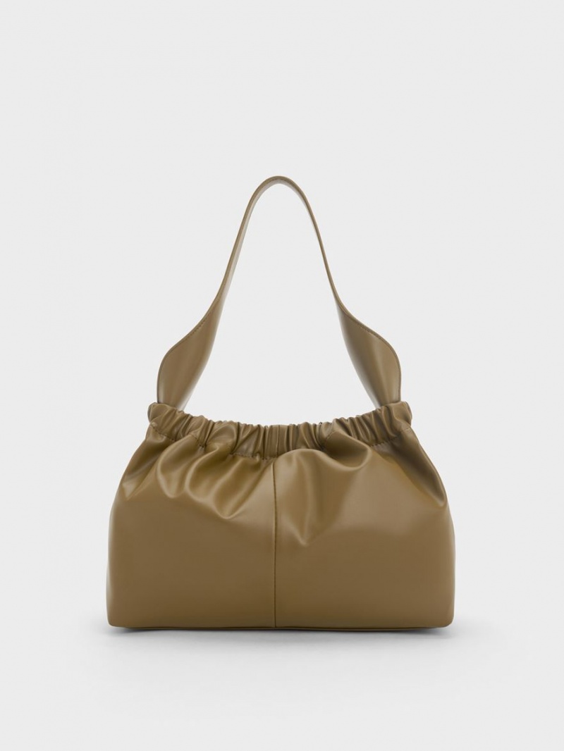 τσάντεσ tote Charles And Keith Large Ally Ruched Slouchy Χακί | 67421-YLWO