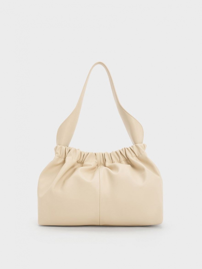 τσάντεσ tote Charles And Keith Large Ally Ruched Slouchy Μπεζ | 67284-HADW