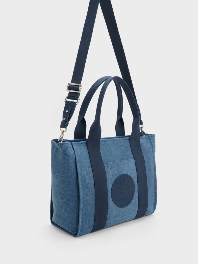 τσάντεσ tote Charles And Keith Large Kay Denim Contrast-Trim μπλε | 16394-ULSF