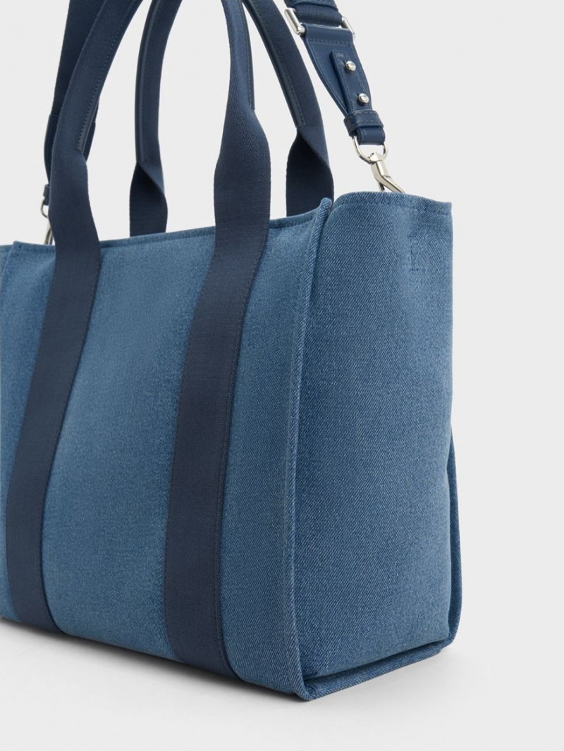 τσάντεσ tote Charles And Keith Large Kay Denim Contrast-Trim μπλε | 16394-ULSF