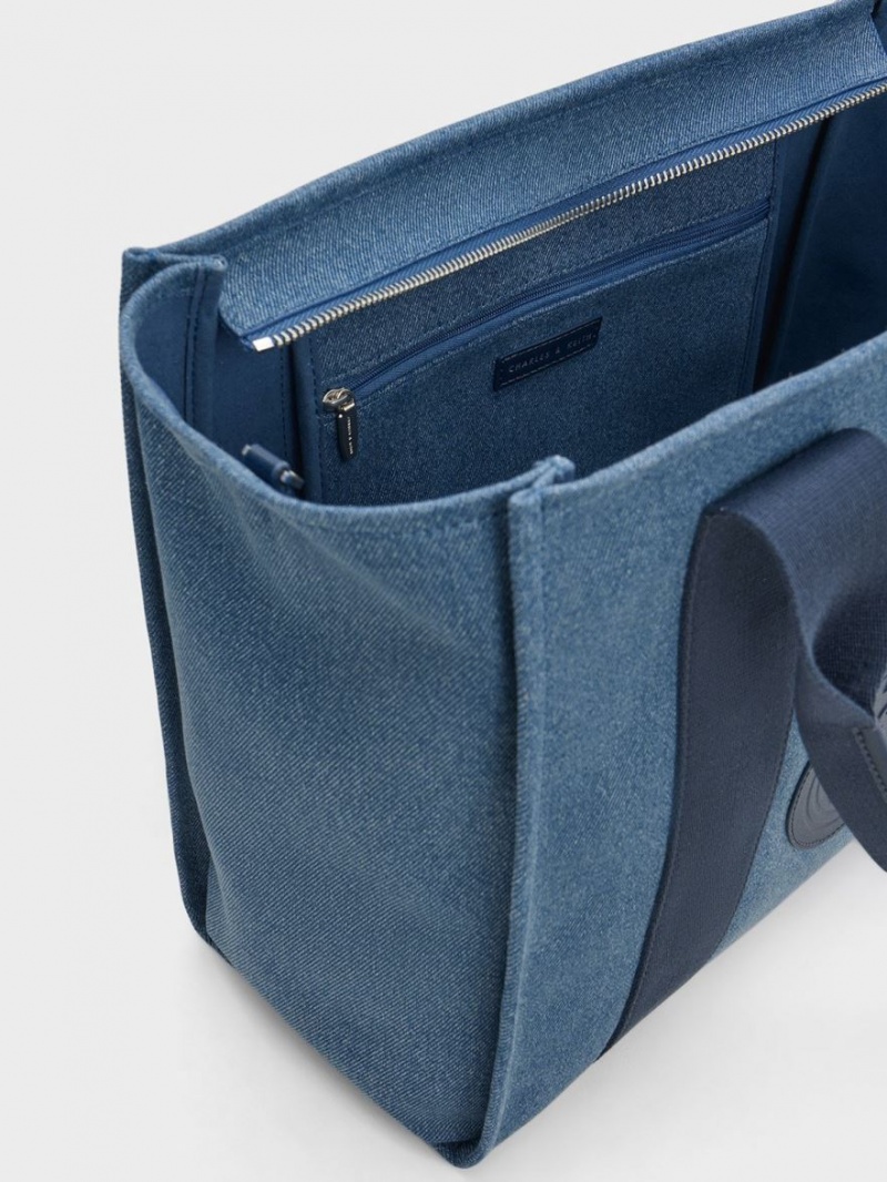 τσάντεσ tote Charles And Keith Large Kay Denim Contrast-Trim μπλε | 16394-ULSF