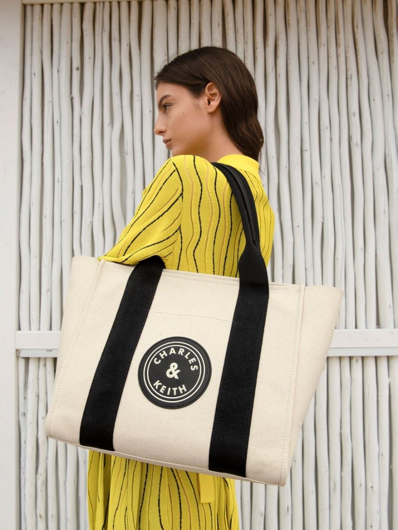τσάντεσ tote Charles And Keith Large Kay καμβα Contrast-Trim Μπεζ | 30471-CKHG