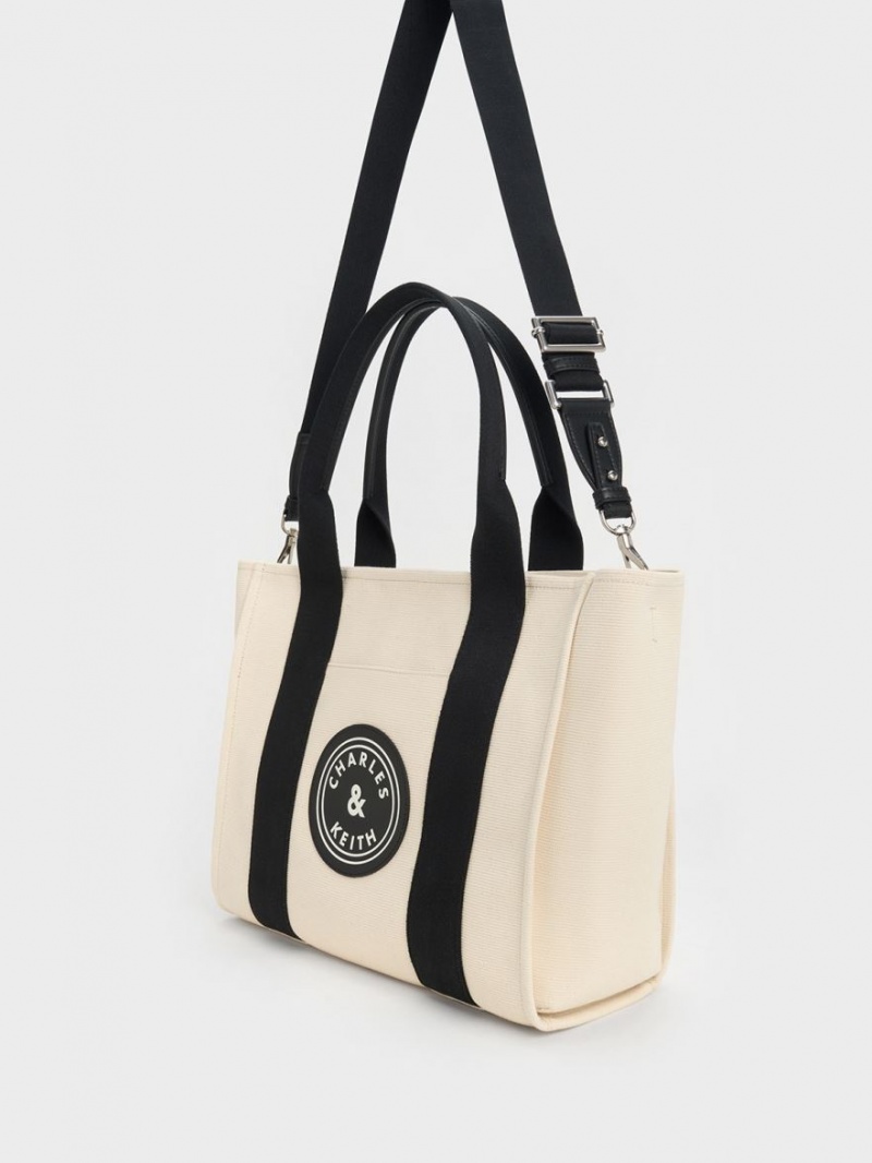 τσάντεσ tote Charles And Keith Large Kay καμβα Contrast-Trim Μπεζ | 30471-CKHG