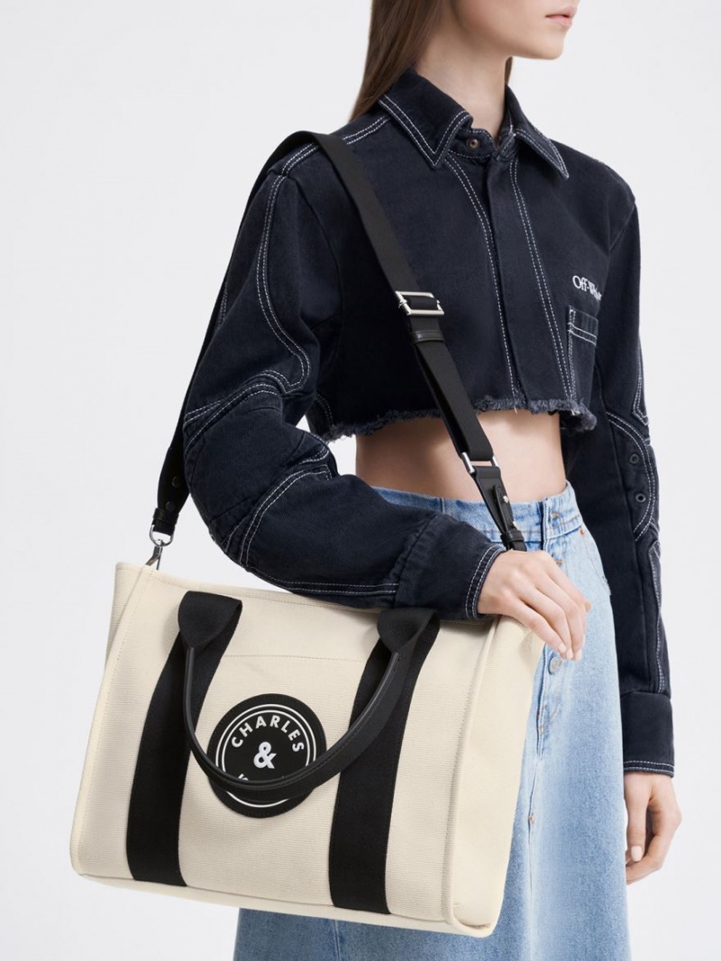τσάντεσ tote Charles And Keith Large Kay καμβα Contrast-Trim Μπεζ | 30471-CKHG