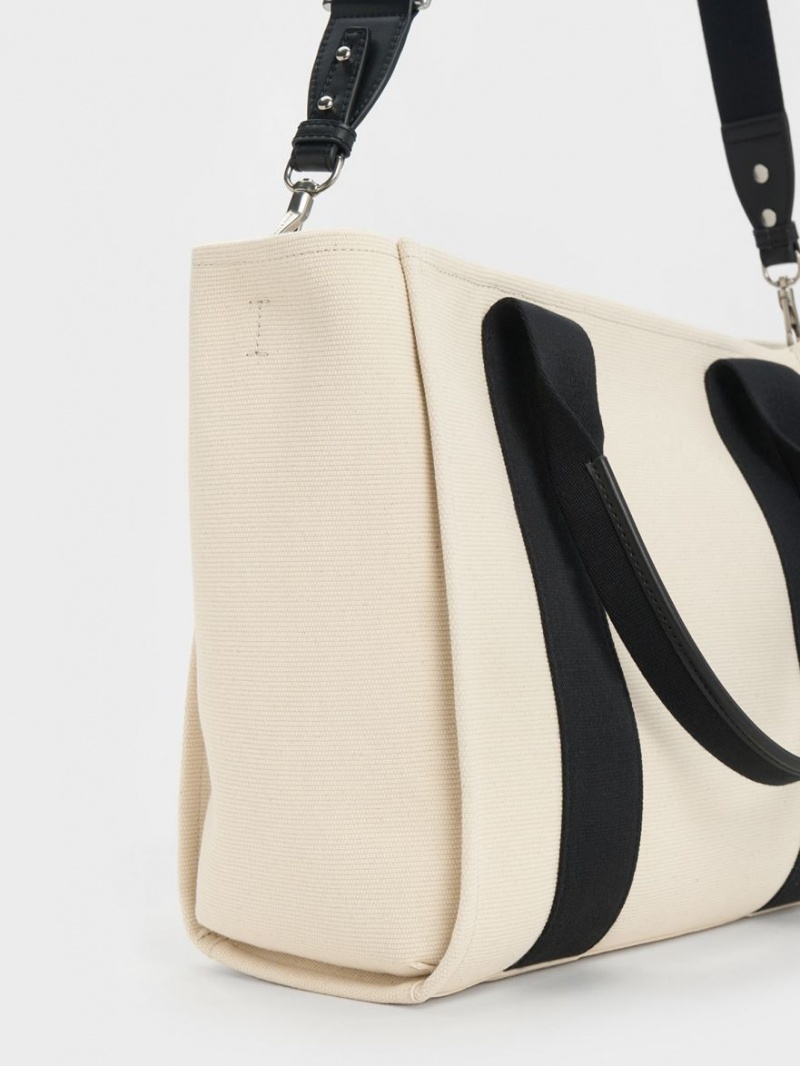 τσάντεσ tote Charles And Keith Large Kay καμβα Contrast-Trim Μπεζ | 30471-CKHG