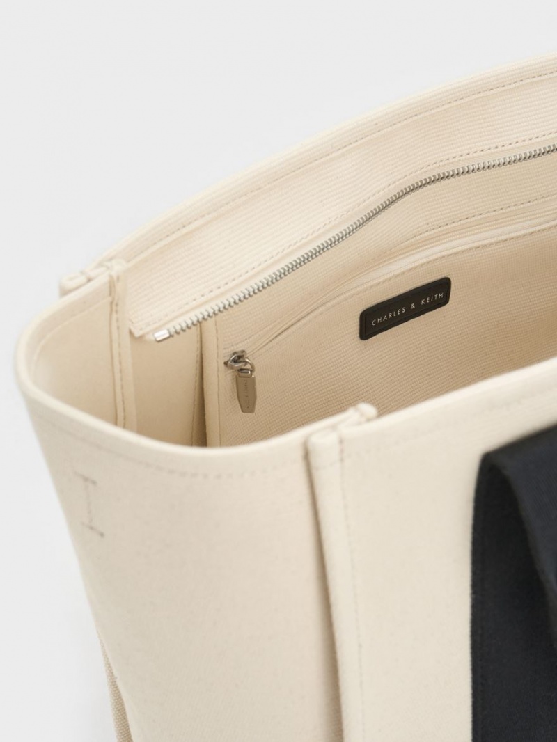 τσάντεσ tote Charles And Keith Large Kay καμβα Contrast-Trim Μπεζ | 30471-CKHG