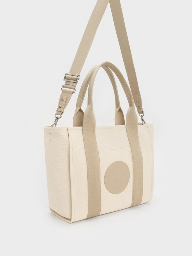 τσάντεσ tote Charles And Keith Large Kay καμβα Contrast-Trim Μπεζ | 15437-TSFK