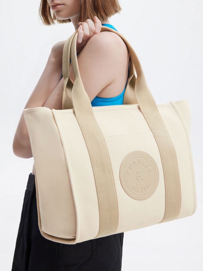 τσάντεσ tote Charles And Keith Large Kay καμβα Contrast-Trim Μπεζ | 15437-TSFK