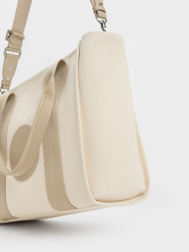 τσάντεσ tote Charles And Keith Large Kay καμβα Contrast-Trim Μπεζ | 15437-TSFK