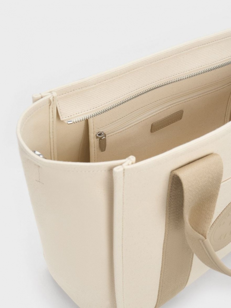 τσάντεσ tote Charles And Keith Large Kay καμβα Contrast-Trim Μπεζ | 15437-TSFK