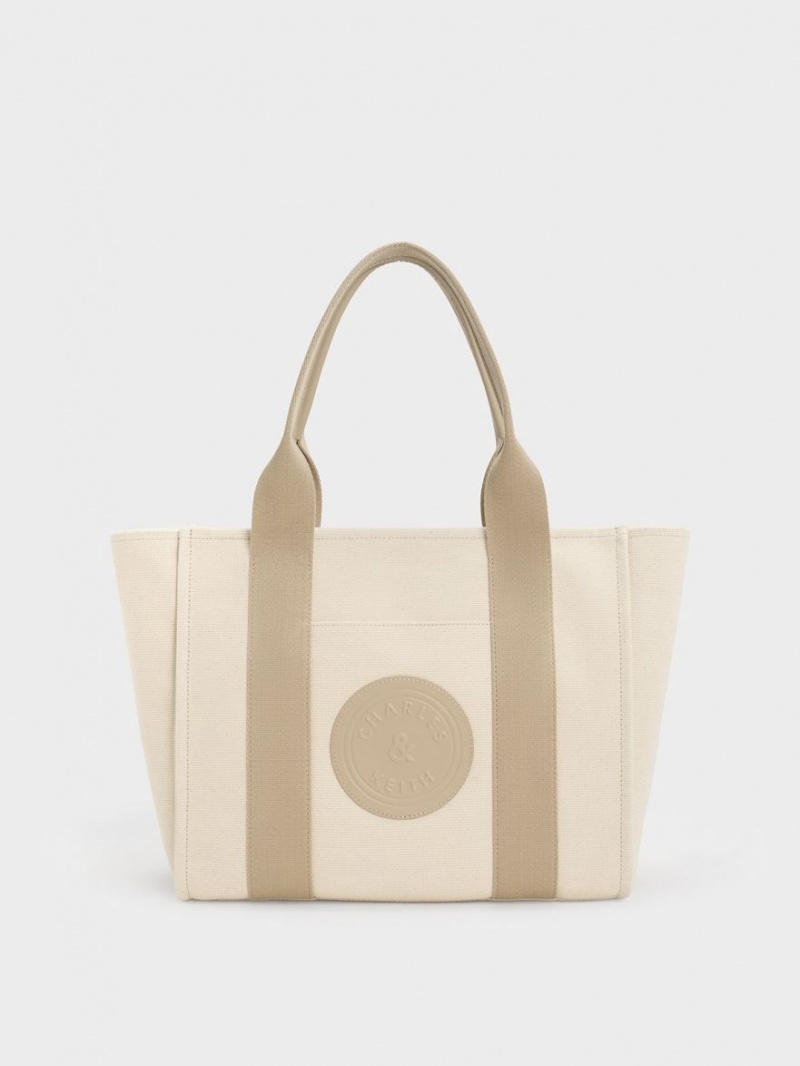 τσάντεσ tote Charles And Keith Large Kay καμβα Contrast-Trim Μπεζ | 15437-TSFK