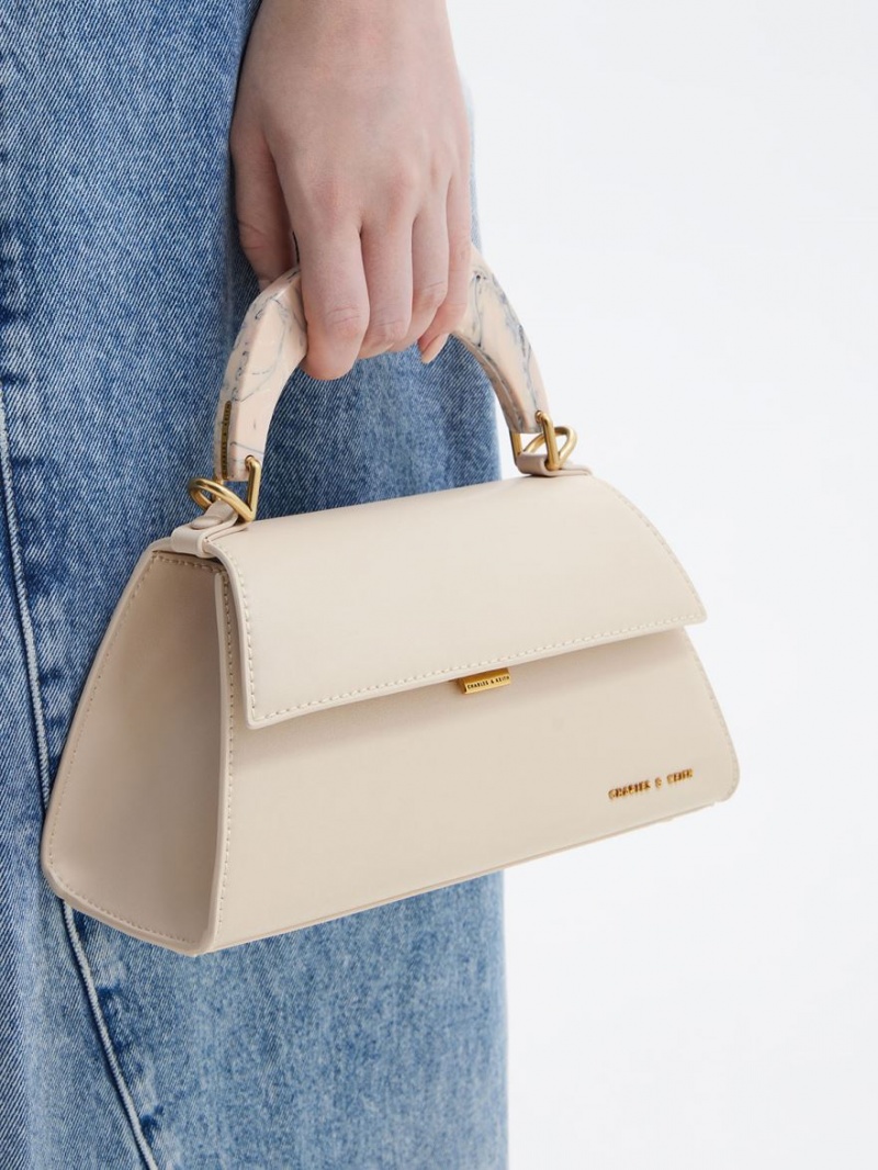 τσάντεσ tote Charles And Keith Marlin Acrylic Handle Trapeze Μπεζ | 85167-UPWT