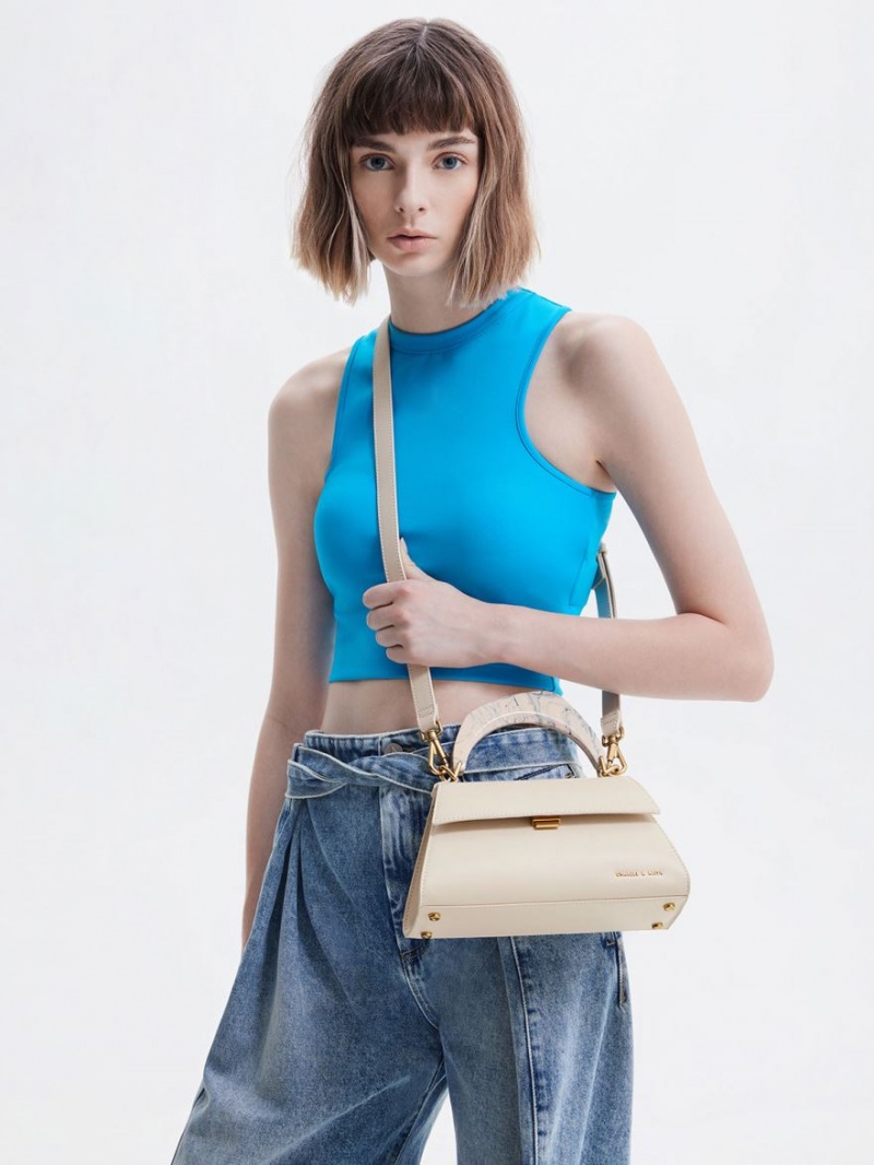 τσάντεσ tote Charles And Keith Marlin Acrylic Handle Trapeze Μπεζ | 85167-UPWT