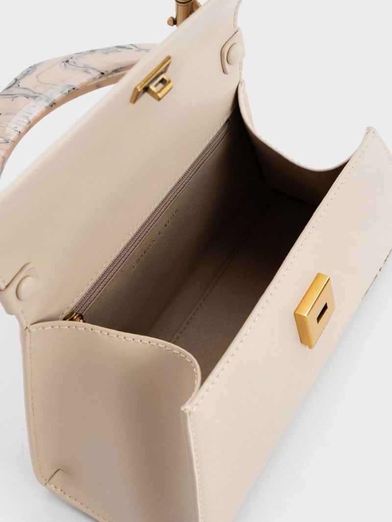 τσάντεσ tote Charles And Keith Marlin Acrylic Handle Trapeze Μπεζ | 85167-UPWT