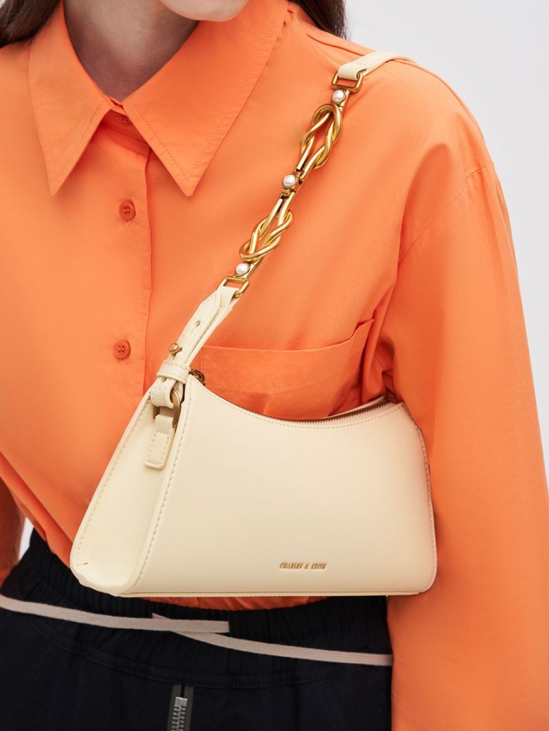 τσάντεσ tote Charles And Keith Metallic-Accent λουρακια Trapeze Μπεζ | 78340-YLZT
