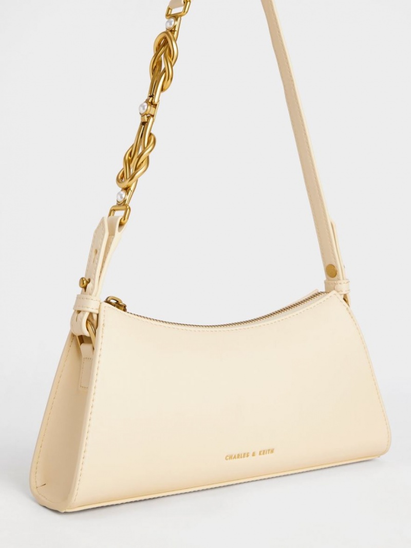 τσάντεσ tote Charles And Keith Metallic-Accent λουρακια Trapeze Μπεζ | 78340-YLZT