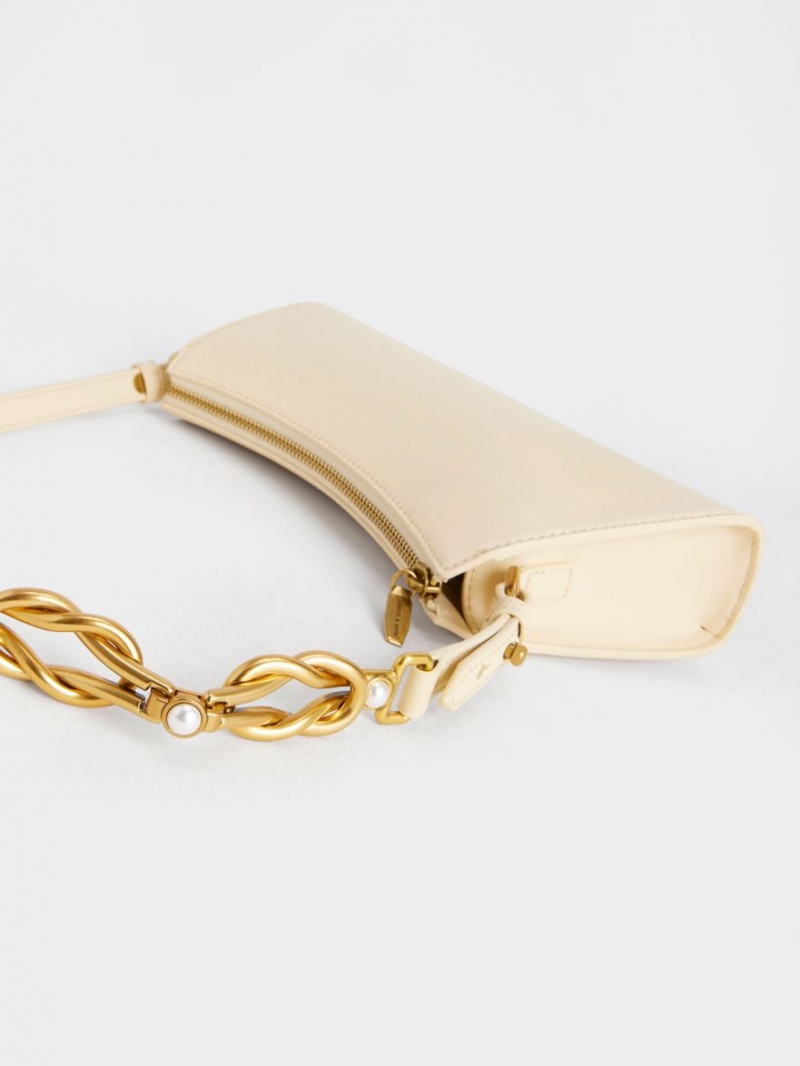 τσάντεσ tote Charles And Keith Metallic-Accent λουρακια Trapeze Μπεζ | 78340-YLZT
