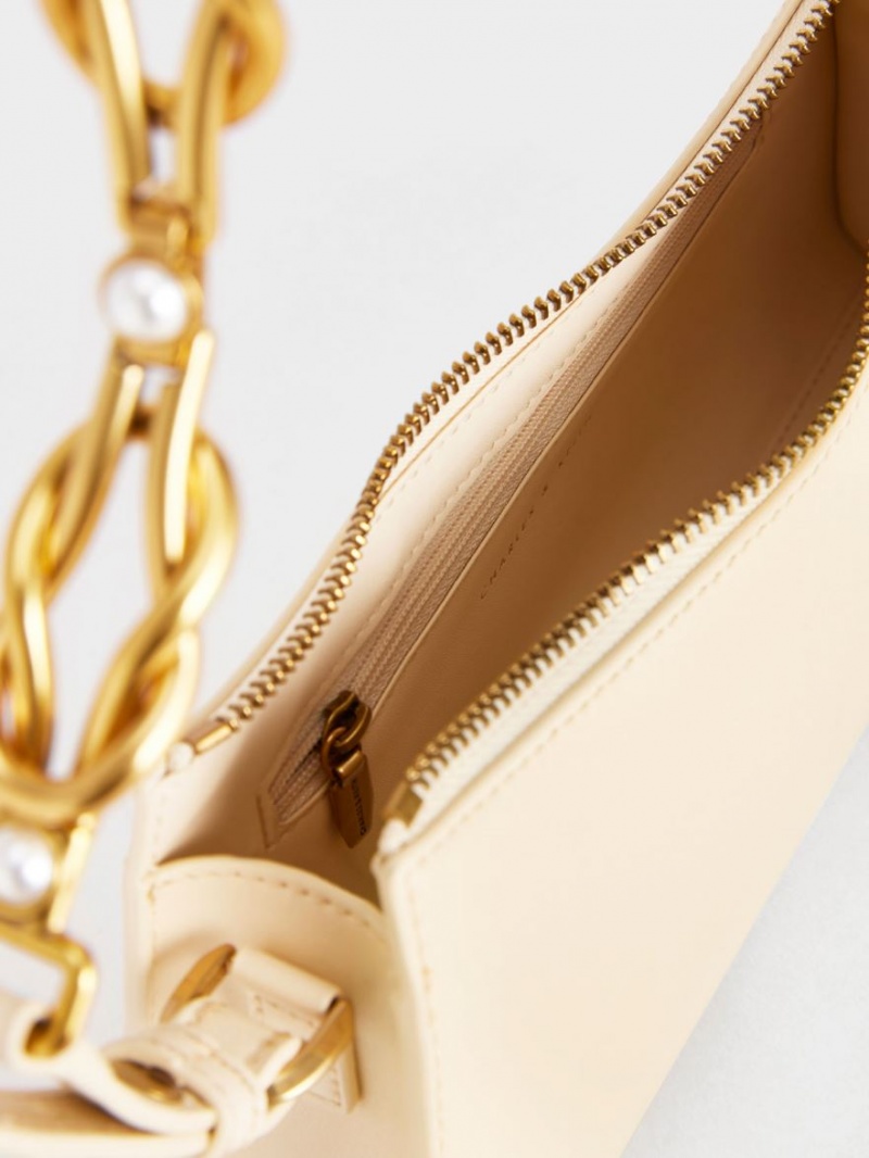 τσάντεσ tote Charles And Keith Metallic-Accent λουρακια Trapeze Μπεζ | 78340-YLZT