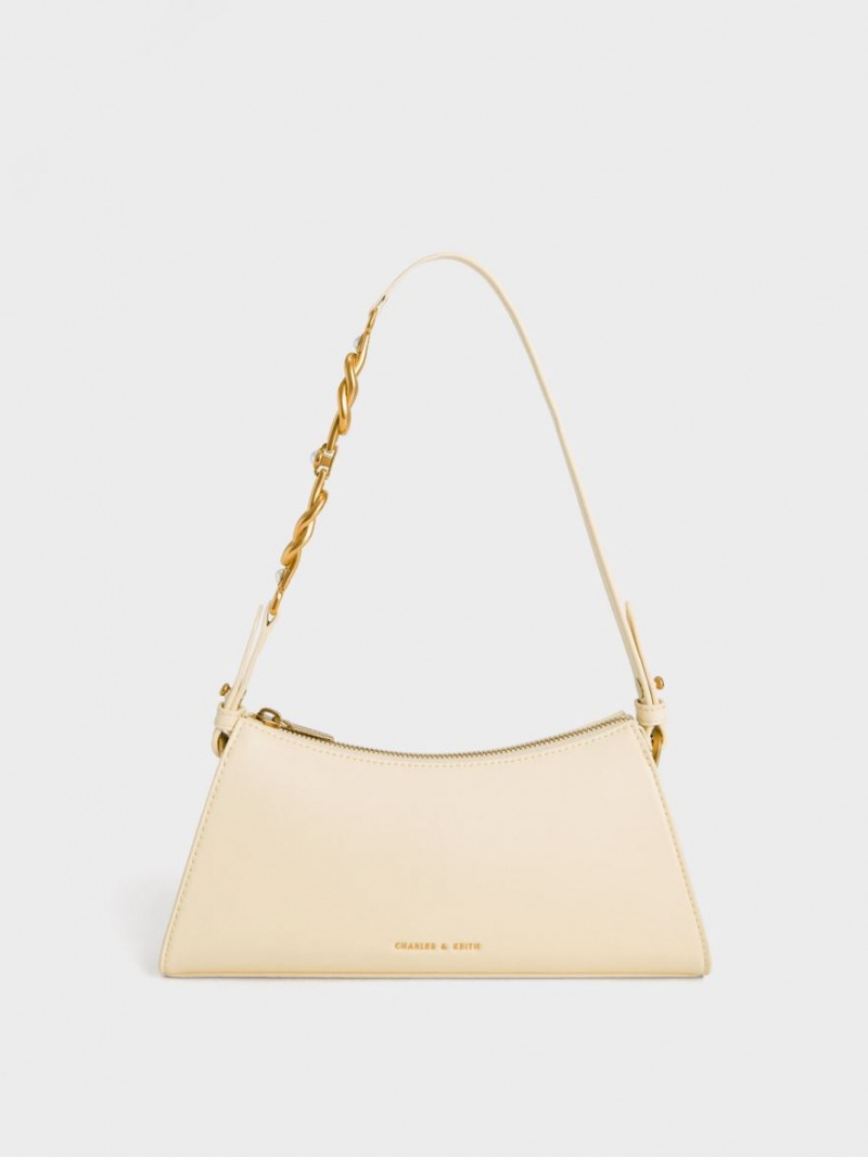 τσάντεσ tote Charles And Keith Metallic-Accent λουρακια Trapeze Μπεζ | 78340-YLZT