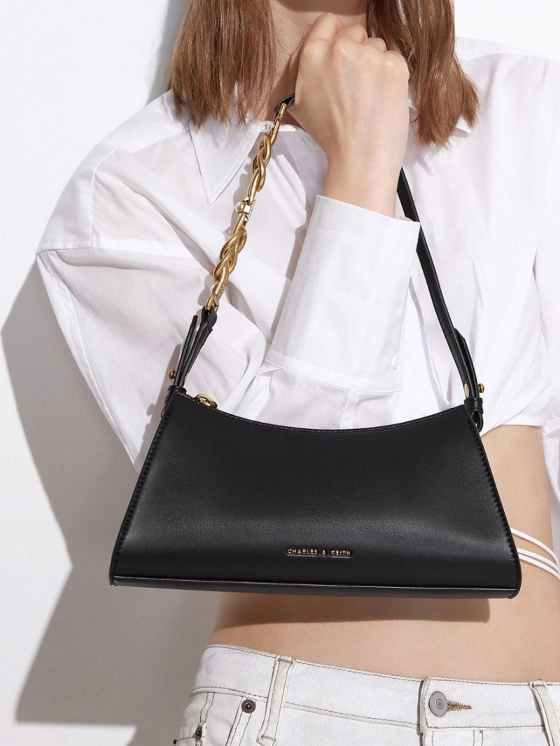 τσάντεσ tote Charles And Keith Metallic-Accent λουρακια Trapeze μαυρα | 02463-ZLEN