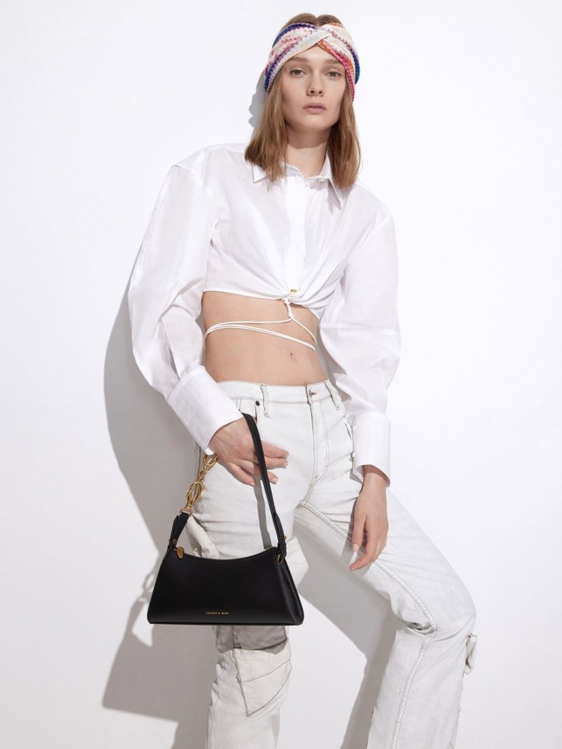 τσάντεσ tote Charles And Keith Metallic-Accent λουρακια Trapeze μαυρα | 02463-ZLEN