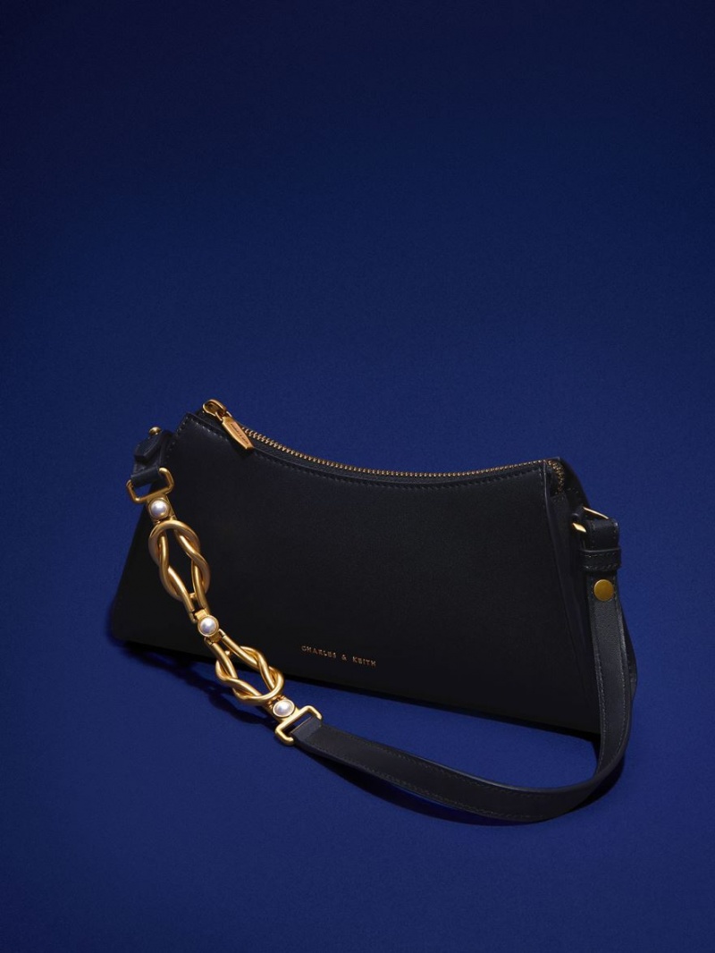 τσάντεσ tote Charles And Keith Metallic-Accent λουρακια Trapeze μαυρα | 02463-ZLEN
