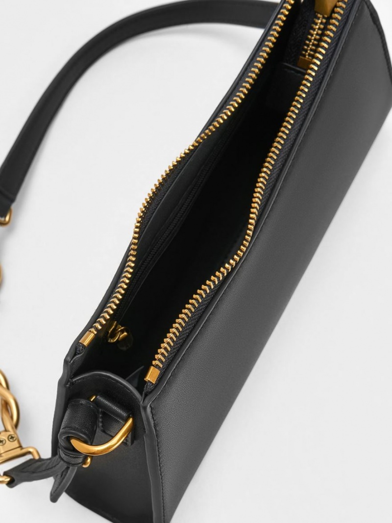 τσάντεσ tote Charles And Keith Metallic-Accent λουρακια Trapeze μαυρα | 02463-ZLEN