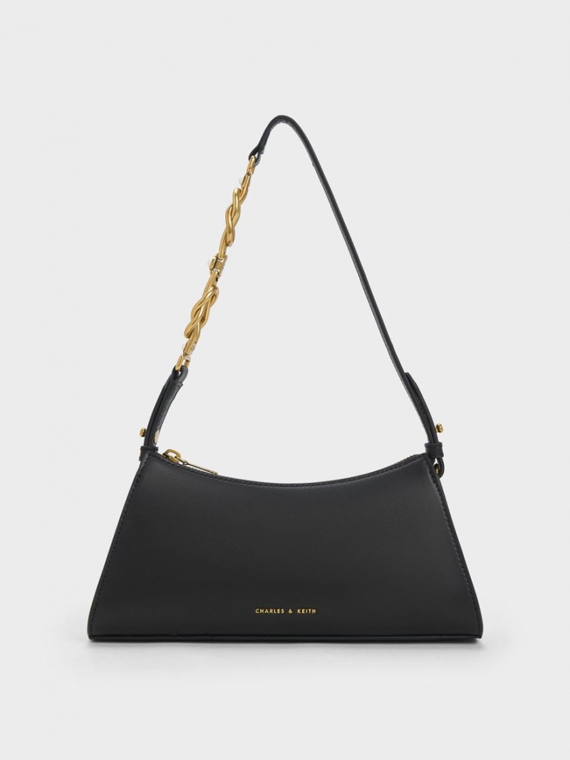 τσάντεσ tote Charles And Keith Metallic-Accent λουρακια Trapeze μαυρα | 02463-ZLEN