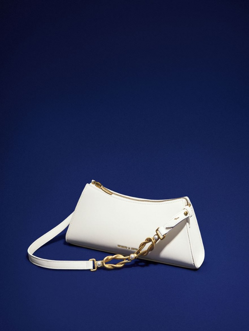 τσάντεσ tote Charles And Keith Metallic-Accent λουρακια Trapeze ασπρα | 01492-NPXB